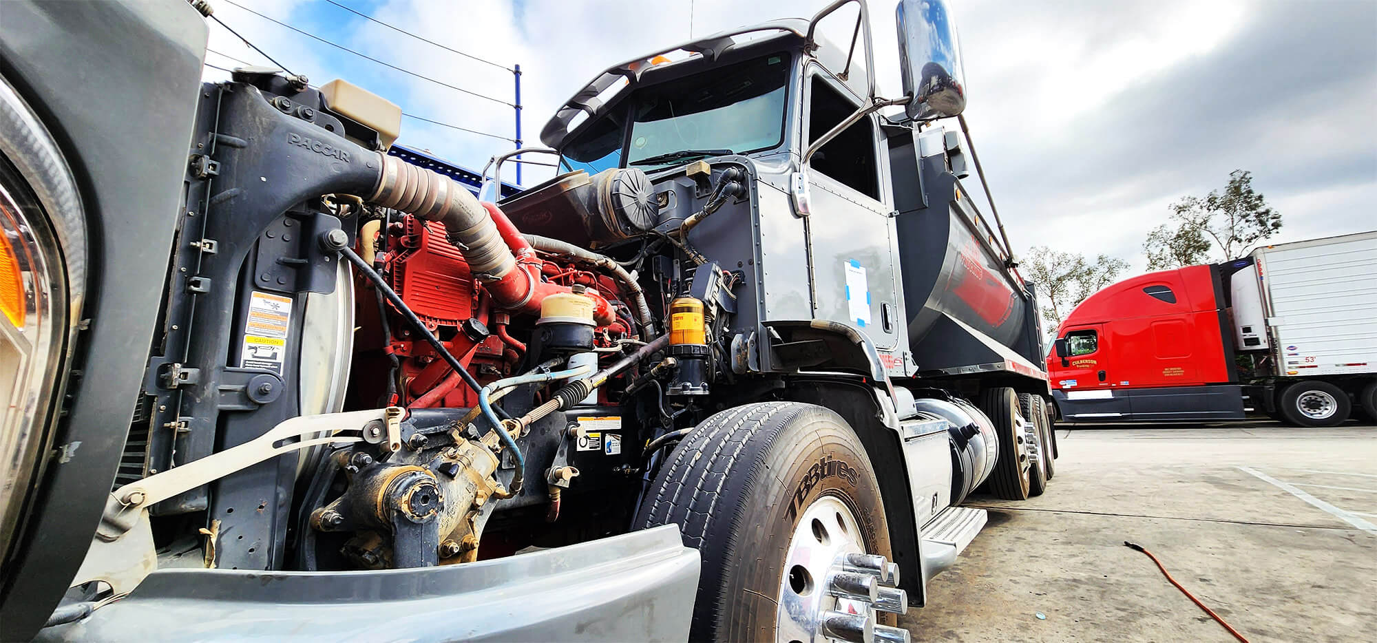 Big Rig Truck being repaired at a truck mechanics shop